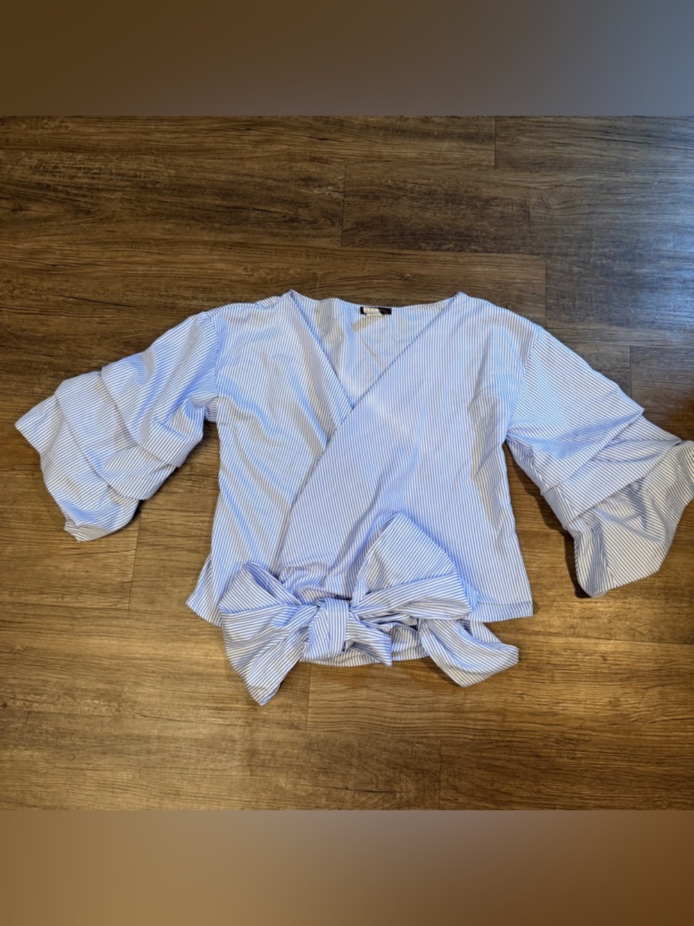 Striped Blue Wrap Blouse with Tie Front